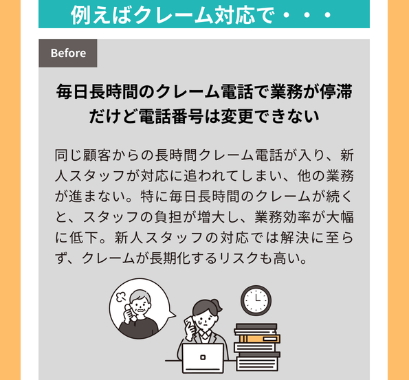 例えばクレーム対応で、毎日長時間のクレーム電話で業務が停滞だけど電話番号は変更できない