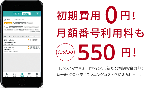 初期費用0円！月額番号利用料もたったの300円！自分のスマホを利用するので、新たな初期投資は無し！番号維持費も安くランニングコストを抑えられます。