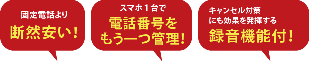 固定電話より断然安い！スマホ１台で電話番号をもう一つ管理！キャンセル対策にも効果を発揮する録音機能付！