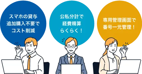 スマホの貸与、追加購入不要でコスト削減。公私分計で経費精算らくらく。専用管理画面で番号一元管理