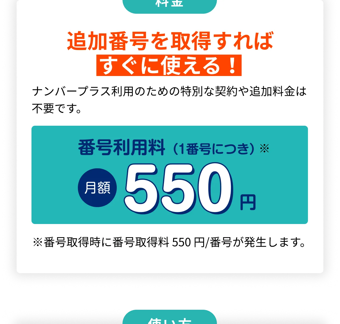 追加番号を取得すればすぐに使える。番号利用料550円。ナンバープラス利用のための特別な契約や追加料金は不要です