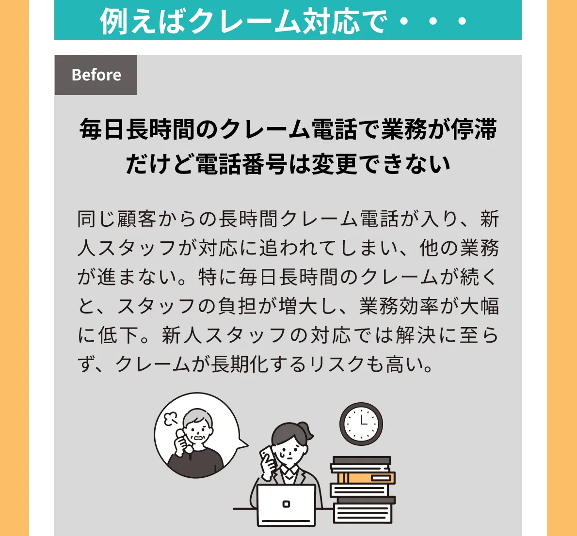 例えばクレーム対応で、毎日長時間のクレーム電話で業務が停滞だけど電話番号は変更できない