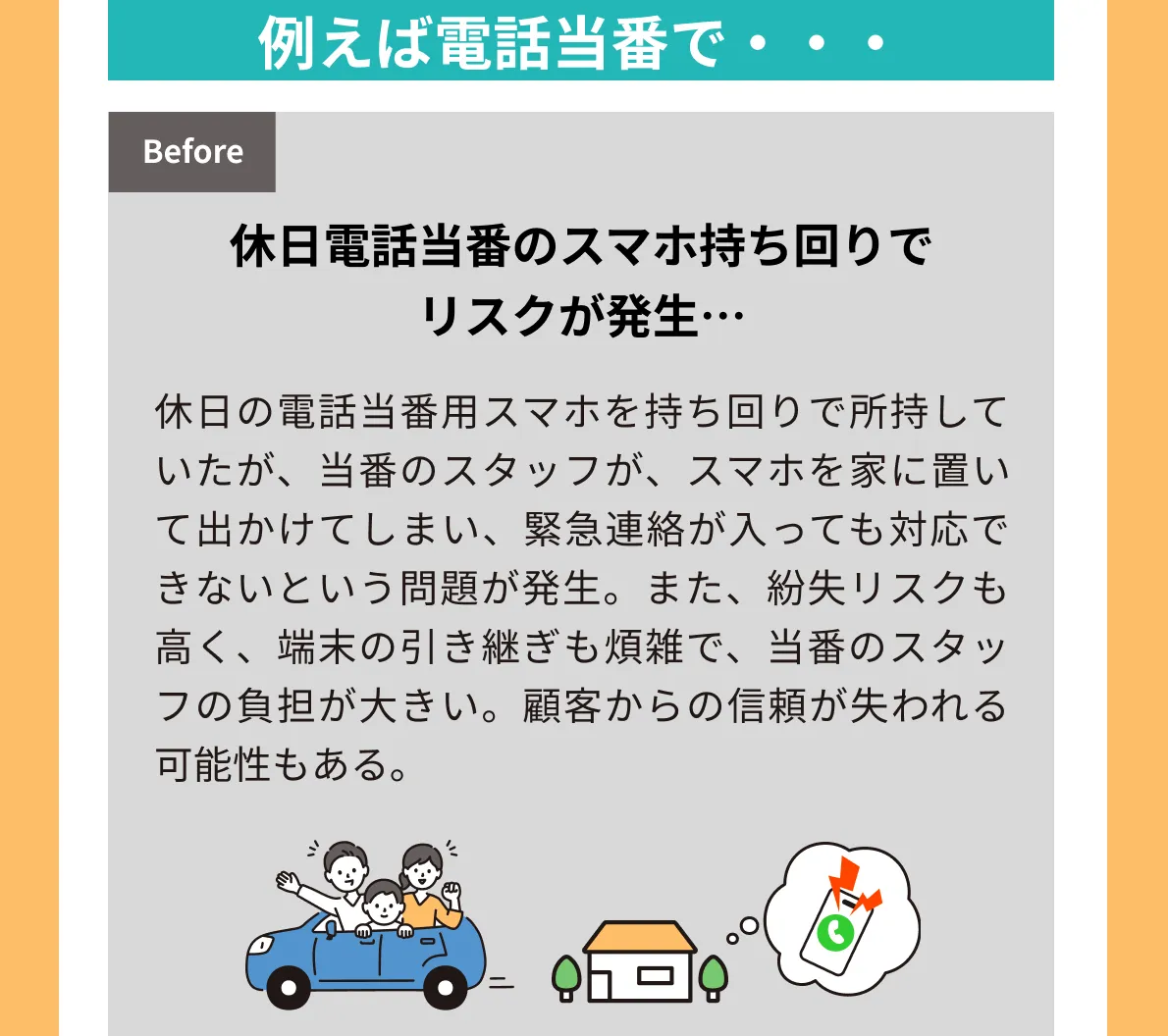 例えば電話当番で、休日電話当番のスマホ持ち回りでリスクが発生