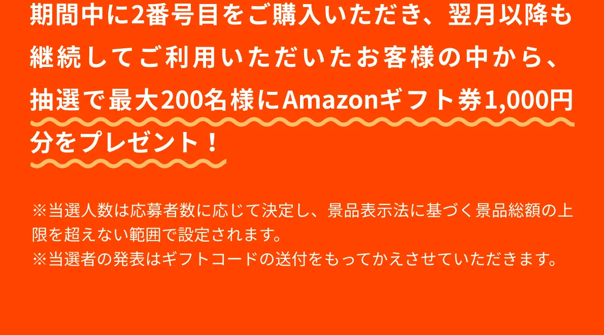 期間中に2番号目をご購入いただき、翌月以降も継続してご利用いただいたお客様の中から、抽選で最大200名様にAmazonギフト券500円分をプレゼント